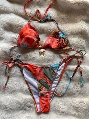 Multicolor Floral & Leopard Print Triangle Bikini